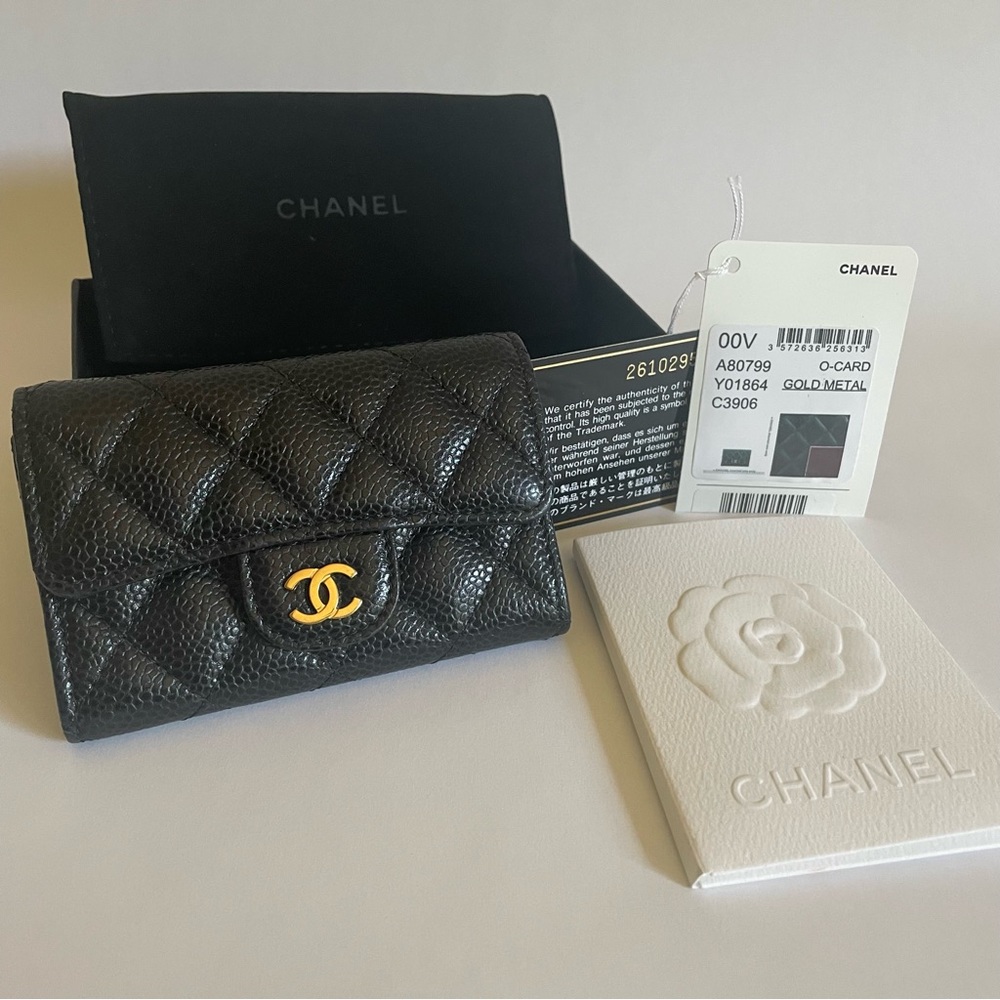 CHANEL Card Wallet Black Caviar Shiny Gold Hardware